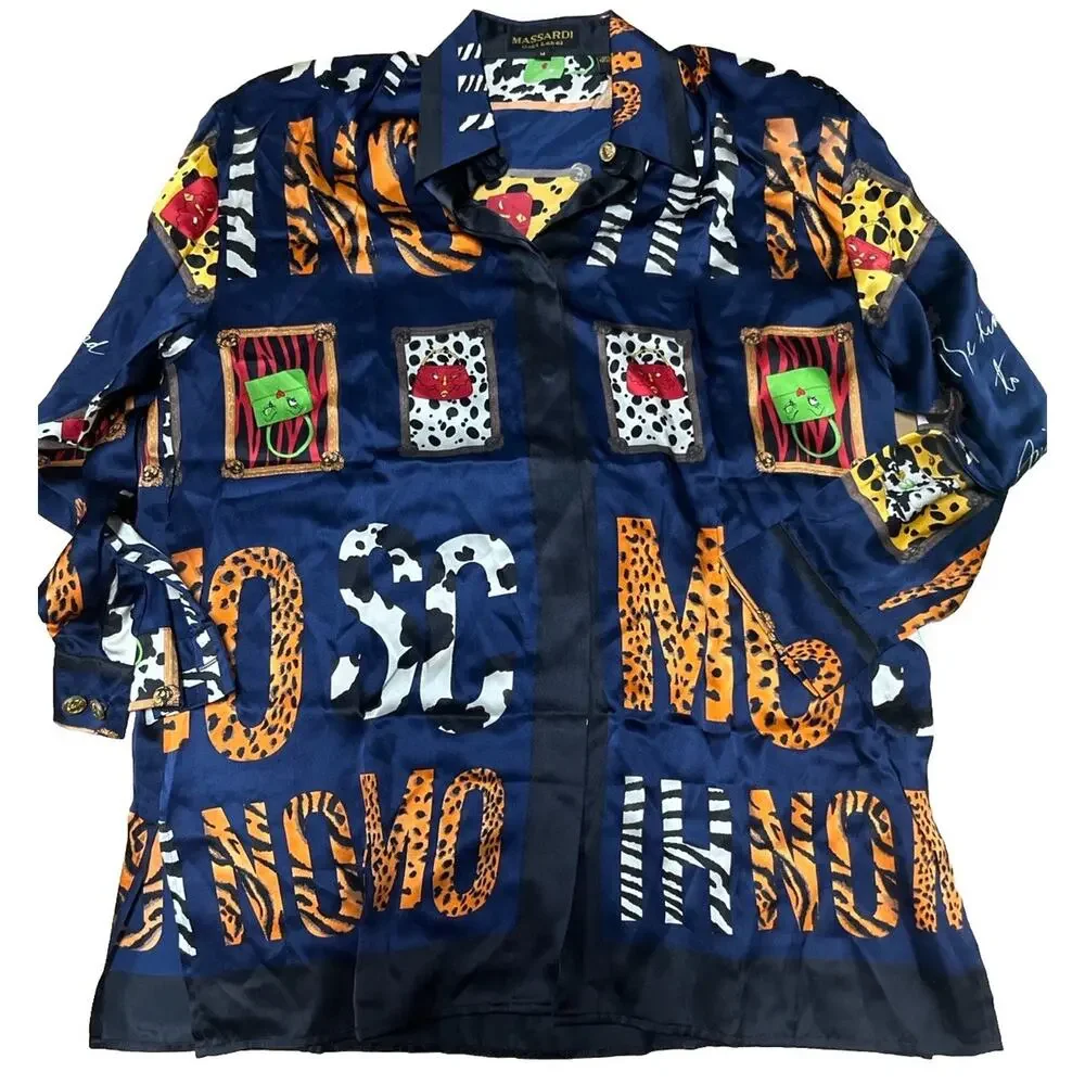 Vintage Massardi Gold Label Silk Shirt M Be Kind to Animals Maximalist 80s 90s